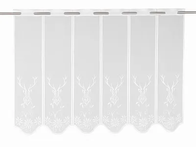 A white lace curtain with a deer motif hanging on a curtain rod.