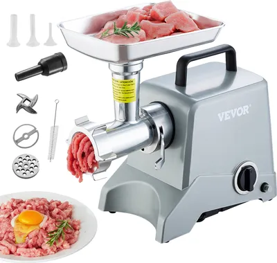 Obrázek produktu pro VEVOR Elektrický mlýnek na maso 2,27 kg/min 575 W (max. 800 W) Průmyslový kráječ s nožem (4,5 mm) a mlecí deskou a nožem na plnění klobás a 3 trubkami, komerční kráječ masa z hliníku