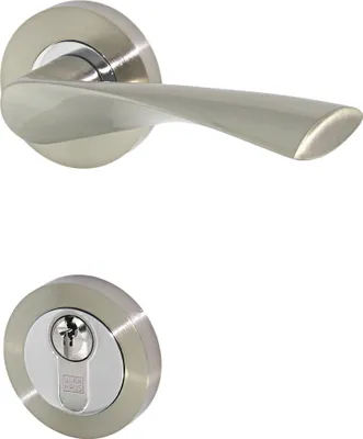 A door handle and a lock cylinder are shown against a white background.
