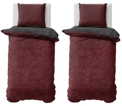 Produktbild von Winter Bettwäsche Teddy Plüsch 155x220 + 80x80 Bettbezug Cashmere Touch Nicki Uni / Wende Bordeaux Anthrazit, 4 teilig