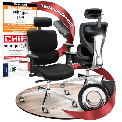 Produktbild von CLOUVOU MasterSeat Bürostuhl Ergonomisch Schreibtischstuhl Knopf-Automatik, 4D-Armlehne, 3D-Kopfstütze, Orthopädische Rückenlehne [Nr.1 in Ergonomie], KI-generiertes Bild