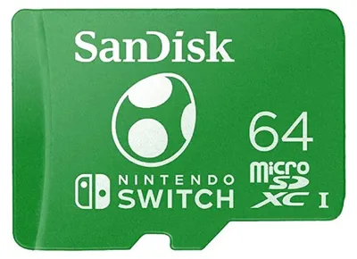A green SanDisk MicroSDXC card for Nintendo Switch with a Yoshi egg graphic.
