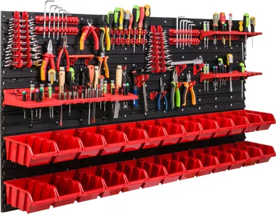 Obrázek produktu pro Skladovací systém Dílenské regály | 156 x 78 cm | 26 ks. Box | Nástěnný regál s držáky na nářadí a stohovatelnými boxy - Nástěnné desky Extra silné regály s přihrádkami Nástěnná deska s otvory pro nářadí Skladovací regál Garážový regál
