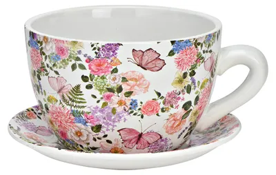 Productafbeelding van Keramische plantenbeker met bloemenmotief, roze/groen/wit (B/H/D) 25x14x23cm