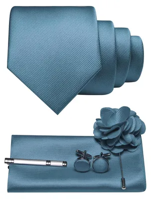 Produktbild von Herren Krawatten-Set Twill einfarbig mit Pocket Square, Manschettenknöpfen, Krawattenklemme, Brosche graublau