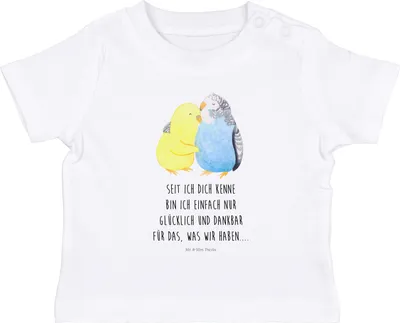 Produktbild von Mr. & Mrs. Panda Organic Baby Shirt Wellensittich Liebe 12. - 18. Monat - Weiß - Geschenk, Verknallt, Baumwollshirt, Vertrauen, Top, Paar, Beziehung, Freundin, Babyshirt