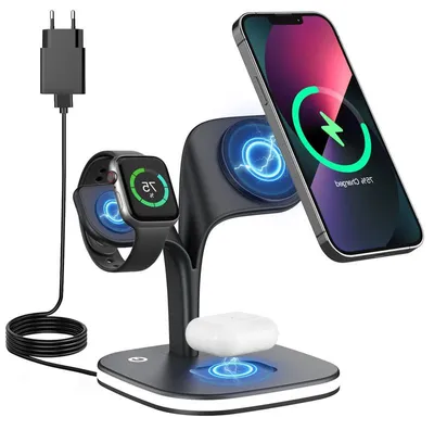 Produktbild von 5-in-1 Wireless Charger mit Nachtlicht, 20W, faltbar, für iPhone 12–16, AirPods & Apple Watch, magnetisch