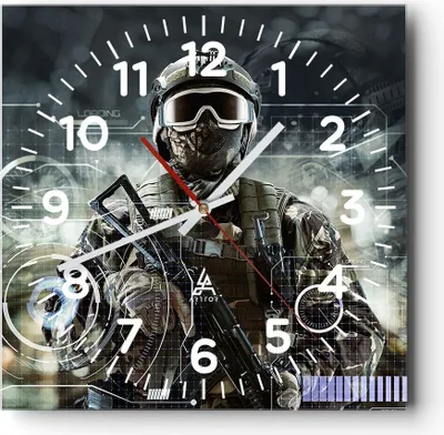Produktbild von Wanduhr - Quadrat - Glasuhr - Soldat Gewehr - 40x40cm - Schleichendes Uhrwerk - Lautlos - zum Aufhängen bereit - Dekoration Modern - Wanddekoration aus Glas - C4AC40x40-4071