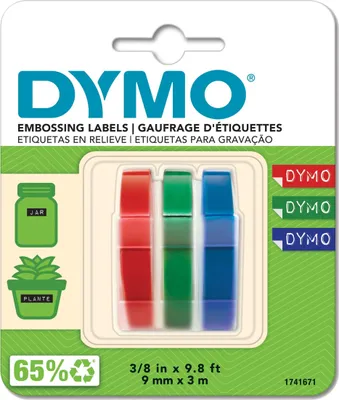 Image de DYMO - Adhésif - noir, bleu, rouge - Rouleau (0,9 cm x 3 m) 3 rouleau(x) sous blister - ruban gaufré 3D - pour DYMO Junior embosser