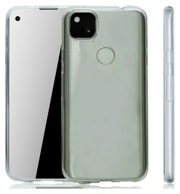 A clear studio shot of a transparent phone case, showing the front, back, and side views of a Google Pixel 4A phone inside the case.