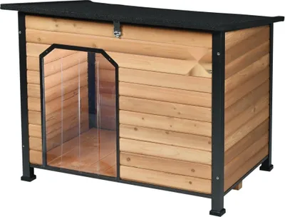 Produktbild von Hundehütte im Freien - Wasserdichtes Hundehaus mit erhöhtem Boden - Bissfeste Holzhundehöhle mit Eisenrahmen - Offenes Dach - Für mittelgroße bis große Hunde.