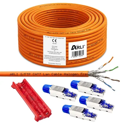 Produktbild von ARLI Cat7 Verlegekabel 100 m + 4x RJ45 Netzwerkstecker Cat8.1 werkzeuglos + Abisoliermesser S/FTP LSZH Ethernetkabel orange