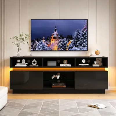 Produktbild von Merax TV-Schrank mit 4 Ebenen und 10 Staufächer, TV-Lowboard aus gehärtetes Glas, LED-Wohnzimmerschrank für Fernseher bis 60 Zoll, Hochglanz Schwarz