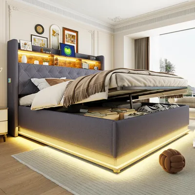 Image de Lit rembourré 180 x 200 cm, lit de rangement avec prise de charge USB et espace de rangement hydraulique, tissu de lin doux pour la peau, gris