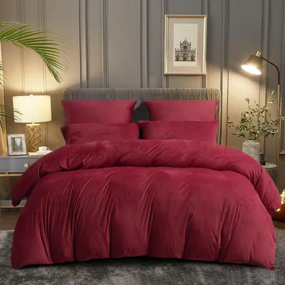 Zdjęcie produktu dla Komplet pościeli flanelowej 135x200 cm, kolor czerwony/bordowy, idealna na zimę, ciepła, miękka, pluszowa, z zamkiem błyskawicznym + poszewka na poduszkę 80x80 cm
