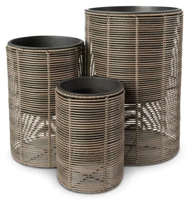 Produktbild von di volio Pflanzkübel Set VITARBO – 3 hohe Blumentöpfe aus Polyrattan mit Kunststoffeinsatz, wetterfeste Rattan Blumenkübel für Außen (Braun)