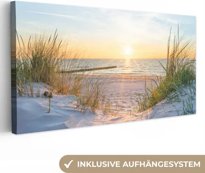 Produktbild von MuchoWow® - Leinwandbilder - Strand - Sonne - Düne - Gras - Sand - Horizont, Wandbild, Wanddeko Bilder Wohnzimmer, 80x40 cm