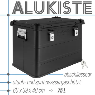 Produktbild von Aluminium Box mit Deckel Schwarz Alu Kiste Alukiste Auswahl Transportbox Metallbox Aufbewahrungsbox Boxen Abschliessbar Metallkiste Trucky, Größe:75 L