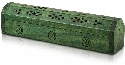 Produktbild von Räucherstäbchen- und Räucherkegelhalter - Sarg-Design mit Aufbewahrungsfach - Aschefänger für Meditation und Aromatherapie - Holz Rustikal