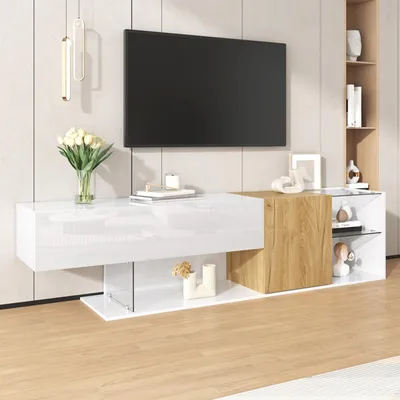 Immagine prodotto di Sweiko Mobile TV moderno in bianco lucido con effetto legno e ripiani in vetro - 180 cm, Elegante mobile TV con pratico contenitore per il soggiorno, Design minimalista, Lavorazione di alta qualità