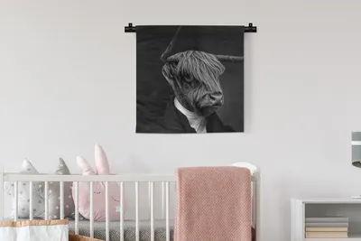 Produktbild von MuchoWow® Wandteppich Wandbehang Alte Meister - Schottisches Hochlandrind - Schwarz und Weiß 60x60 cm Tapisserie Dekoration Wandtuch - Dekorationen - Wand Decke
