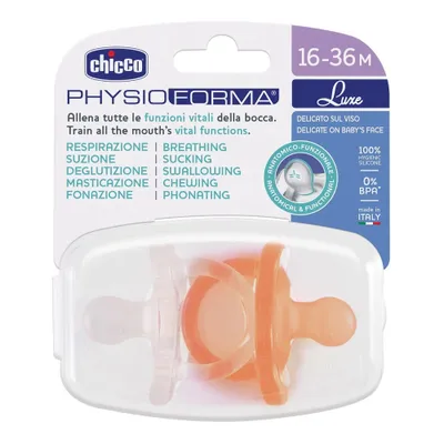 Zdjęcie produktu dla Chicco PhysioForma Luxe Smoczek silikonowy uspokajający 16-36m Pomarańczowy, 2 sztuki