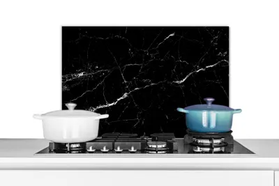 Produktbild von KitchenYeah®  Spritzschutz Küche - Küchenrückwand - Wandschutz für Herd und Spüle - Marmoroptik - Schwarz - Luxus 70x50 - Alu-Dibond (Alternative zum Spritzschutz aus Glas) - Hitzebeständig - Herdspri