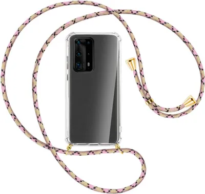 Produktbild von Handykette Backcover-Schutzhülle mit Band (Metall goldfarben) für Huawei P40 Pro Plus - rosa Karo