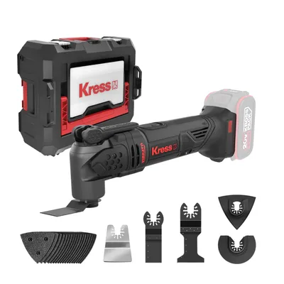 Imagen del producto de Herramienta multifunción Kress de 20V, inclinación de 3.6 grados, juego básico, accesorios