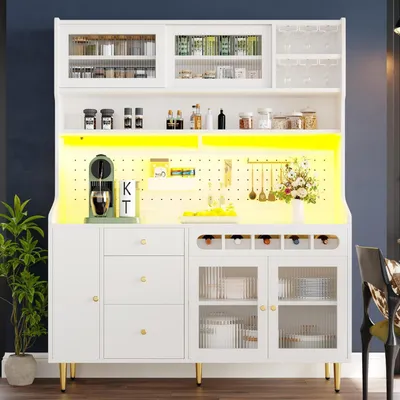 Image de Armoire de cuisine avec éclairage LED, étagère à vin, étagères réglables, blanche, 145 x 39 x 171 cm