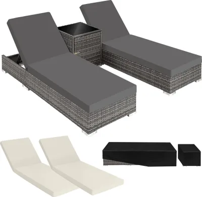 Image de 2 chaises longues en rotin avec structure en aluminium et table, housse de protection incluse - gris