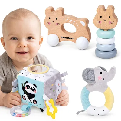 Produktbild von Mamabrum Sensorikspielzeug-Set ab 9 Monaten mit 4 Spielsachen aus Holz und Stoff, inklusive Würfel, Rassel, Auto und Stapelturm