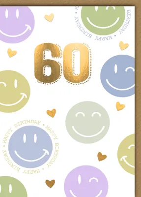 Produktbild von 60. Geburtstag Glückwunschkarte mit Umschlag Pastellsmileys goldene Zahl Happy Birthday