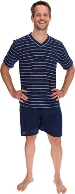 Produktbild von Pyjama Herren kurz Shirt+Hose Schlafanzug Schlafkleidung Nachtwäsche Nachtanzug, Größe:M, Farbe:Navyblau
