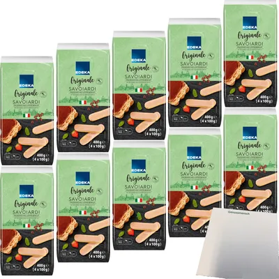 A collection of Edeka Savoiardi biscuit packages arranged in a grid.