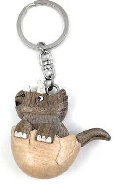 Produktbild von Onwomania - Dinosaurier Triceratops im Ei - Handmade Holz Schlüsselanhänger, ideal als Geschenk z.B. für den besten Freund, die beste Freundin, Mama - Für Männer, Frauen & Kinder