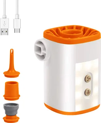 Obrázek produktu pro Akumulátorová elektrická vzduchová pumpa s kempinkovým světlem, dobíjecí USB vzduchová pumpa, rychlé nafukování a vyfukování, 3600 mAh, 4 rozhraní