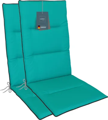 Produktbild von LILENO HOME Gartenstuhl Auflagen als [2er Set - Hochlehner] in Türkisgrün + Keder Grau - bequeme Liegen als Sitzauflagen für Gartenmöbel - Stuhlkissen für Gartenstühle und Klappstühle