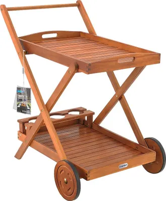 Image de Casaria® Desserte à roulettes en bois d'Acacia chariot de service à 2 niveaux avec 3 porte bouteilles plateau de service