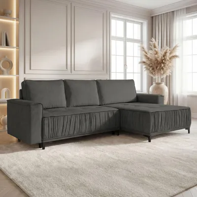 Produktbild von Ecksofa mit Schlaffunktion & Stauraum, Wohnlandschaft in L-Form – Universell Rechts/Links 4-Sitzer Loungesofa 270 × 150 × 92 cm – Glamour, Freistehend mit Rückenkissen – Grau Samt Velours