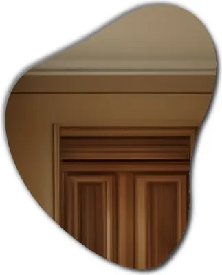 A reflection of a wooden door and ceiling trim in a mirror.