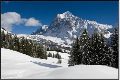 Produktbild von Wallario Wandbild Verschneiter Berghang unter blauem Himmel, Größe: 61 x 91,50 cm, Poster mit schwarzem Aluminiumrahmen
