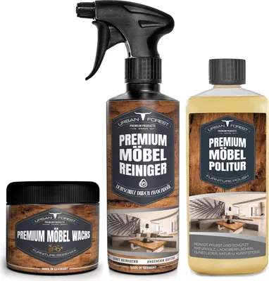 Produktbild von Möbelwachs Möbelöl & Möbelreiniger als Sparset für Holzoberflächen, Kunststoffoberflächen, Kunstleder, Natur- u. Kunststeine, Lederoberflächen