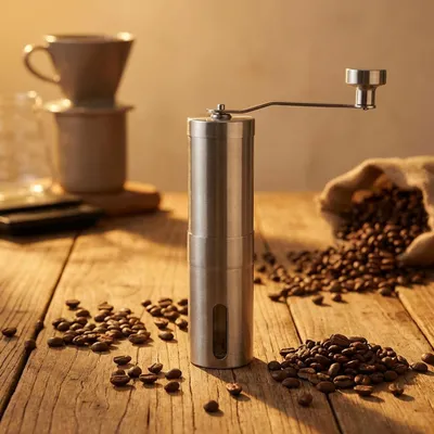 Produktbild von Robuste Handkaffeemühle Edelstahl mit Keramikmahlwerk, stufenlose Mahlgrad-Einstellung, abnehmbarer Griff, Kaffeemühle manuell für Espresso & Filterka