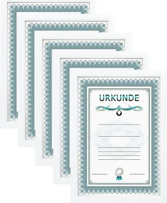 A stack of white document frames with decorative blue borders, one of which is open to show a certificate.