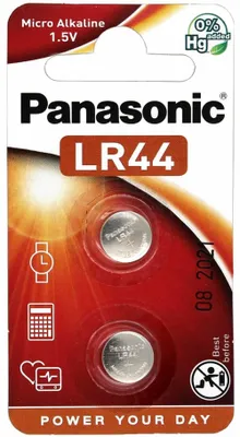 A retail package of Panasonic LR44 micro alkaline batteries.