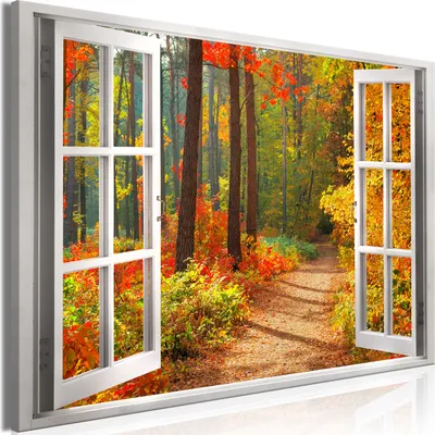 Produktbild von Modernes Wandbild Fensterblick 120x80 - 1 Teile Bilder Fotografie auf Vlies Leinwand Foto Bild Dekoration Wand Bilder Kunstdruck Wald Herbst Landschaft Natur c-C-0385-b-a