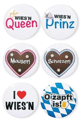 Produktbild von 6 Metall Buttons ca. 5 cm Durchmesser mit Sicherheitsnadel