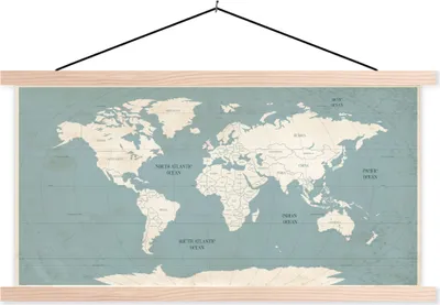 Produktbild von MuchoWow® Textilposter Weltkarte - Vintage - Blau 120x60 cm mit holzfarbenen Rahmen - Klemmleiste