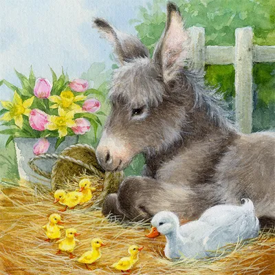 Produktbild von 20 Servietten Donkey with cute Chicks - Esel mit Küken 33x33cm